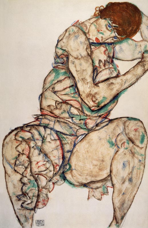 Sedentary woman with a left hand in the hair from Egon Schiele
