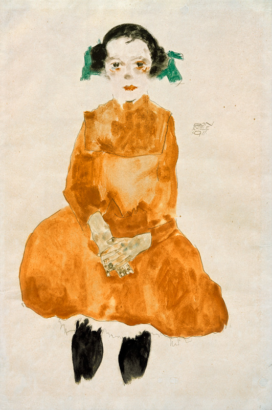 Little girl in a yellow dress with black stockings from Egon Schiele