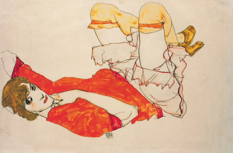 Wally in a red blouse with  knees lifted up from Egon Schiele