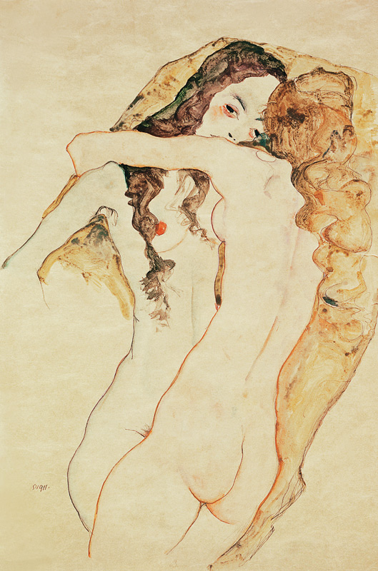 Two women in embrace from Egon Schiele