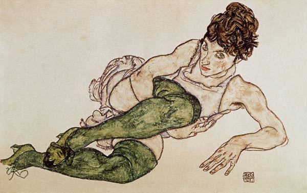 Reclining woman, green tights from Egon Schiele