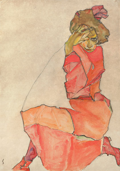 Kneeling Woman in Orange-Red Dress from Egon Schiele