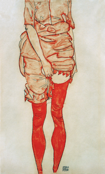 Stationary woman in red from Egon Schiele