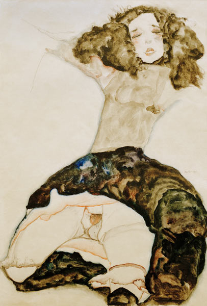 Schwarzhaariges Mädchen mit hochgeschlagenem Rock from Egon Schiele