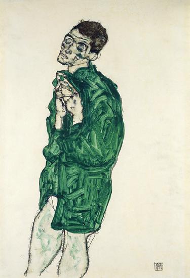 Self-portrait in green shirt with eyes closed
