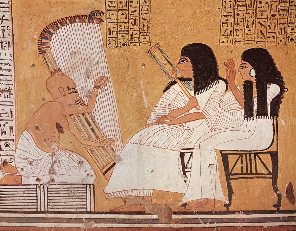 The deceased and his wife listening to a blind harpist, from the Tomb of Ankerkhe, Workmen's Tombs, from Egyptian