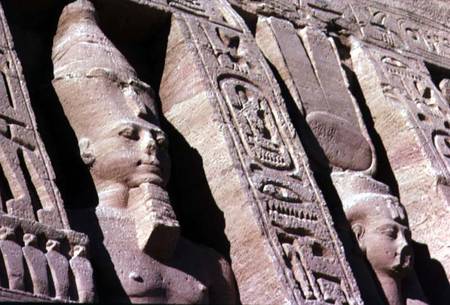 Heads of Ramesses II (1279-1213) and Hathor/Nefertari on the Facade of the Temple of Queen Nefertari from Egyptian