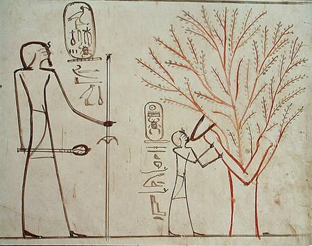 Isis metamorphosed into a sycamore tree suckling Tuthmosis III (c.1479-1425 BC) from Egyptian