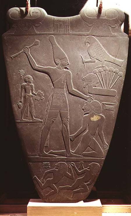 The Narmer Palette: ceremonial palette depicting King Narmer, wearing the white crown of Upper Egypt from Egyptian