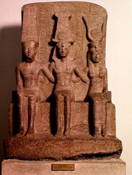 Ramesses II (1304-1237 BC) seated between Amun and Mut, from Karnak, New Kingdom from Egyptian