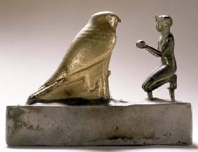 Statue of King Taharqa worshipping the falcon-god Hemen, Egyptian, Third Intermediate Period (gold,