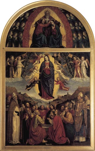 Himmelfahrt Mariae mit den Heiligen Ambrosius, Augustinus, Gervasius und Prothasius from eigentl. Ambrogio da Fossano um Bergognone