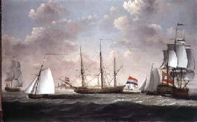 The East Indiaman 't Slot ter Hooge' and other shipping in a brisk breeze off a Dutch port, possibly