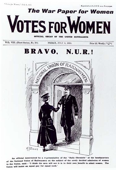 Bravo, N.U.R!, front cover of ''Votes for Women'', July 2nd 1915 from English School