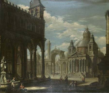 Capriccio of a piazza with Gothic, Roman and Baroque buildings from English School