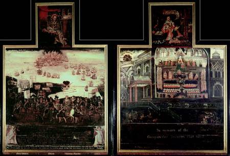 Diptych depicting the Arrival of Queen Elizabeth I (1530-1603) at Tilbury, the Defeat of the Spanish from English School