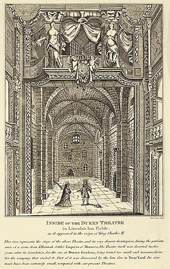 Inside of the Dukes Theatre in Lincoln''s Inn Fields as it appeared in the reign of King Charles II; from English School
