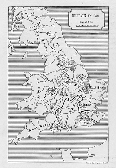 Map of Britain in 658, produced by Stanford''s Geographical Establishment from English School