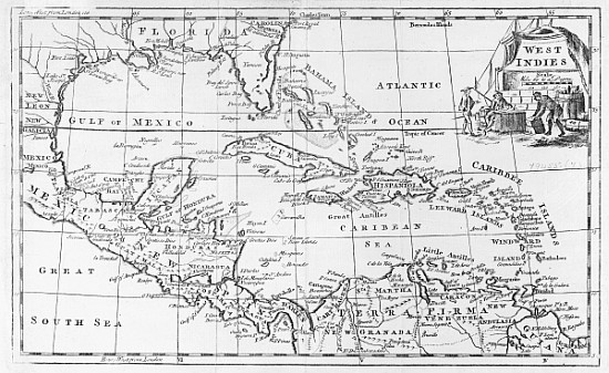 Map of the West Indies, Florida and South America from English School