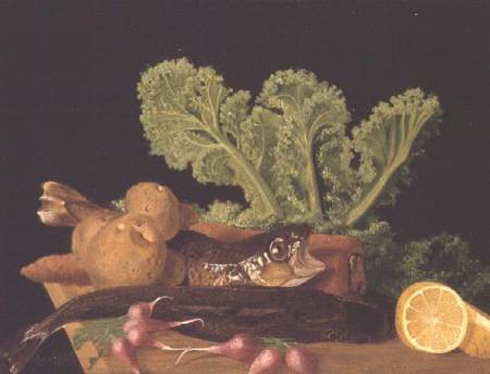 Still life of vegetables and fish from English School