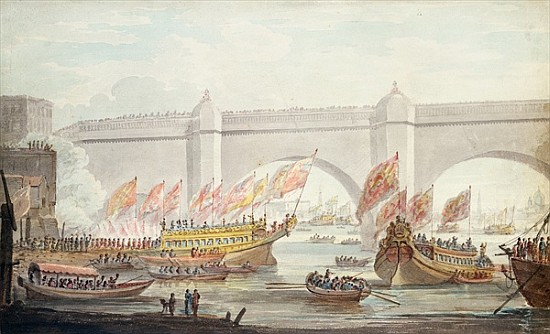 The Lord Mayor landing at Westminster, with a View of the Bridge from English School