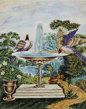 Birds in a Fountain in a Landscape Park