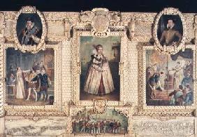 Collection of six miniatures depicting Queen Elizabeth I, figures and scenes from her life
