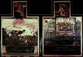 Diptych depicting the Arrival of Queen Elizabeth I (1530-1603) at Tilbury, the Defeat of the Spanish