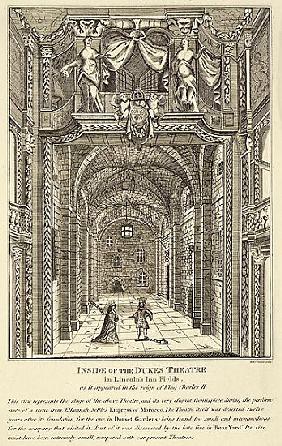 Inside of the Dukes Theatre in Lincoln''s Inn Fields as it appeared in the reign of King Charles II;