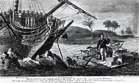 Robinson Crusoe carrying away on his raft the most useful remains of the wreck