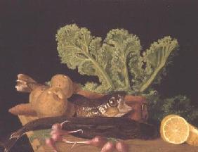 Still life of vegetables and fish