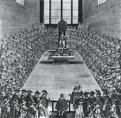 King James I (1566-1625) in the Houses of Parliament, 1624 (engraving) (b/w photo) from English School, (17th century)