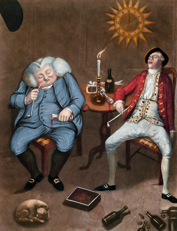 The Solid Enjoyment of Bottle and Friend, 1774 (colour litho heightened with gouache) from English School, (18th century)