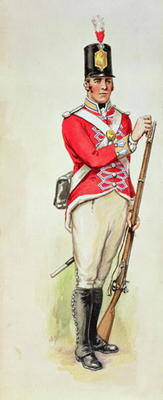 British soldier in Napoleonic times carrying a musket (w/c) from English School, (19th century)