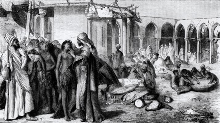 In the Slave-Market at Khartoum (engraving) (b/w photo) from English School, (19th century)