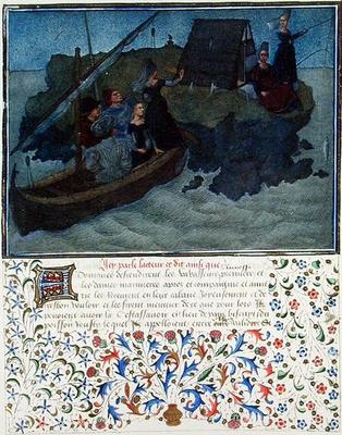 Ms. 2597 Heart, Desire and Generosity land in the night with Fiance and Expectation on the rock of t from English School, (19th century)