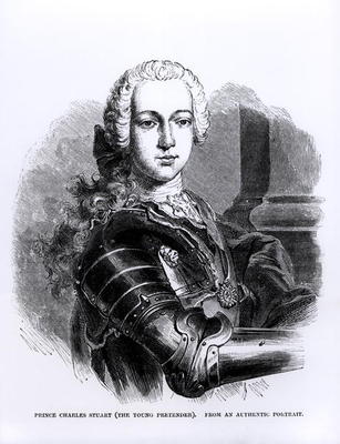 Portrait of Prince Charles Edward Stuart (1720-88) The Young Pretender (engraving) (b/w photo) from English School, (19th century)