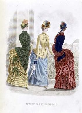 Latest Paris Fashions, three day dresses in a fashion plate from 'The Queen', May 1885 (coloured eng