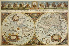Map of the earth in two hemispheres with portrait pope Innozenz XI. and rider portraits of europ. Pr