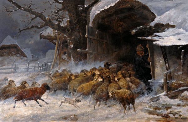 Flock of sheep which is taken to the Staal before a driving snow. from Ernst Meissner