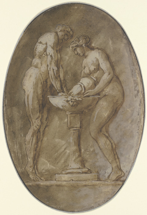 Ein nackter Mann, auf Zehenspitzen stehend, hält seine Hände in ein Becken, in das eine dem Mann geg from Étienne de La Vallée Poussin