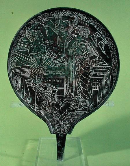 Mirror depicting Aphrodite persuading Helen to follow Paris to Troy, from Palestrina from Etruscan