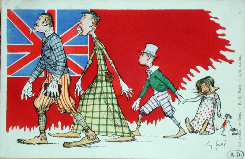 British family as perceived by the French, postcard (colour litho)  from Eugene Cadel