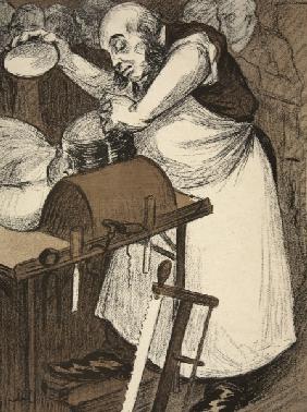 A coroner examining the head of a corpse, illustration from ''L''assiette au Beurre: Les Fonctionnai