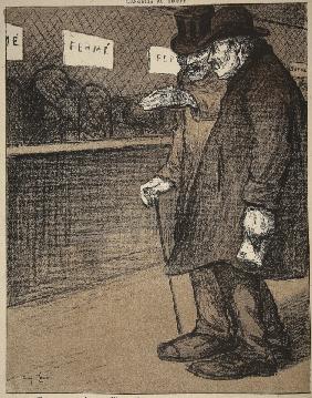 Two elderly gentlemen walking past closed counters, illustration from ''L''assiette au Beurre: Les F