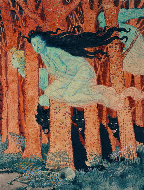 Three women and three wolves from Eugène Samuel Grasset