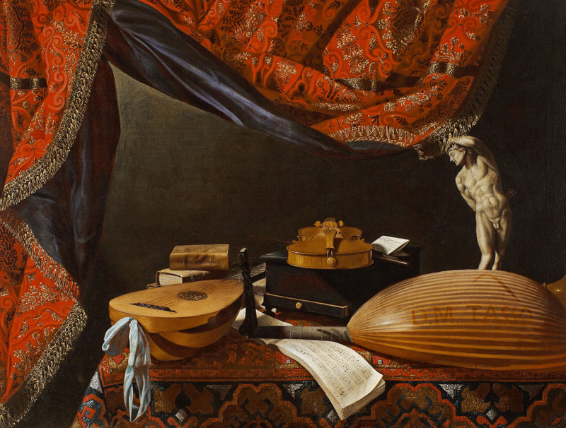 Still life with Musical Instruments, Books and Sculpture from Evaristo Baschenis
