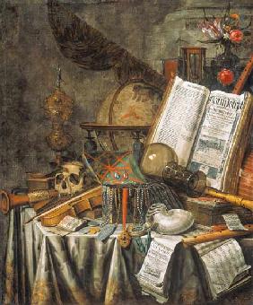 Vanitas quiet life with musical instruments, astrological globe u.anderen pieces