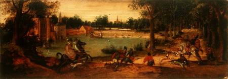 The Boar Hunt: One of a pair of landscapes from Ferdinand Bol