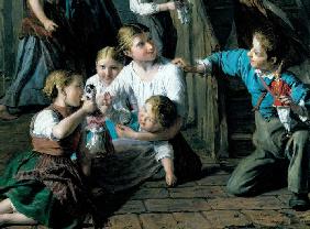 Kinder, mit Puppen spielend. 1864. Detail